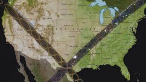 A map showing where the moon’s shadow will cross the US during the 2023 annular solar eclipse and 2024 total solar eclipse.NASA